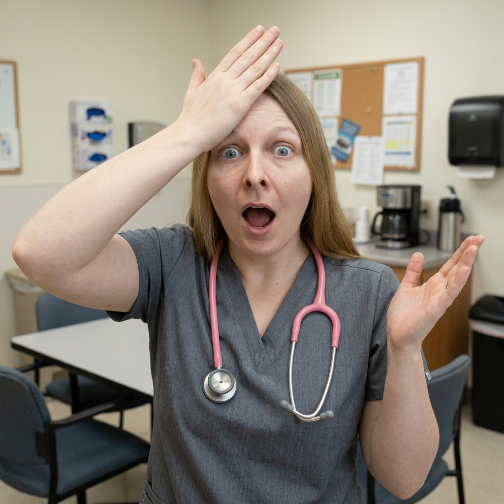Emily in scrubs doing a dramatic facepalm in a break room
