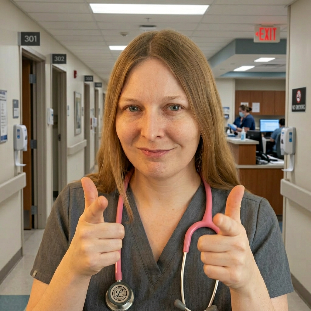 Emily in scrubs doing finger guns in a hospital hallway