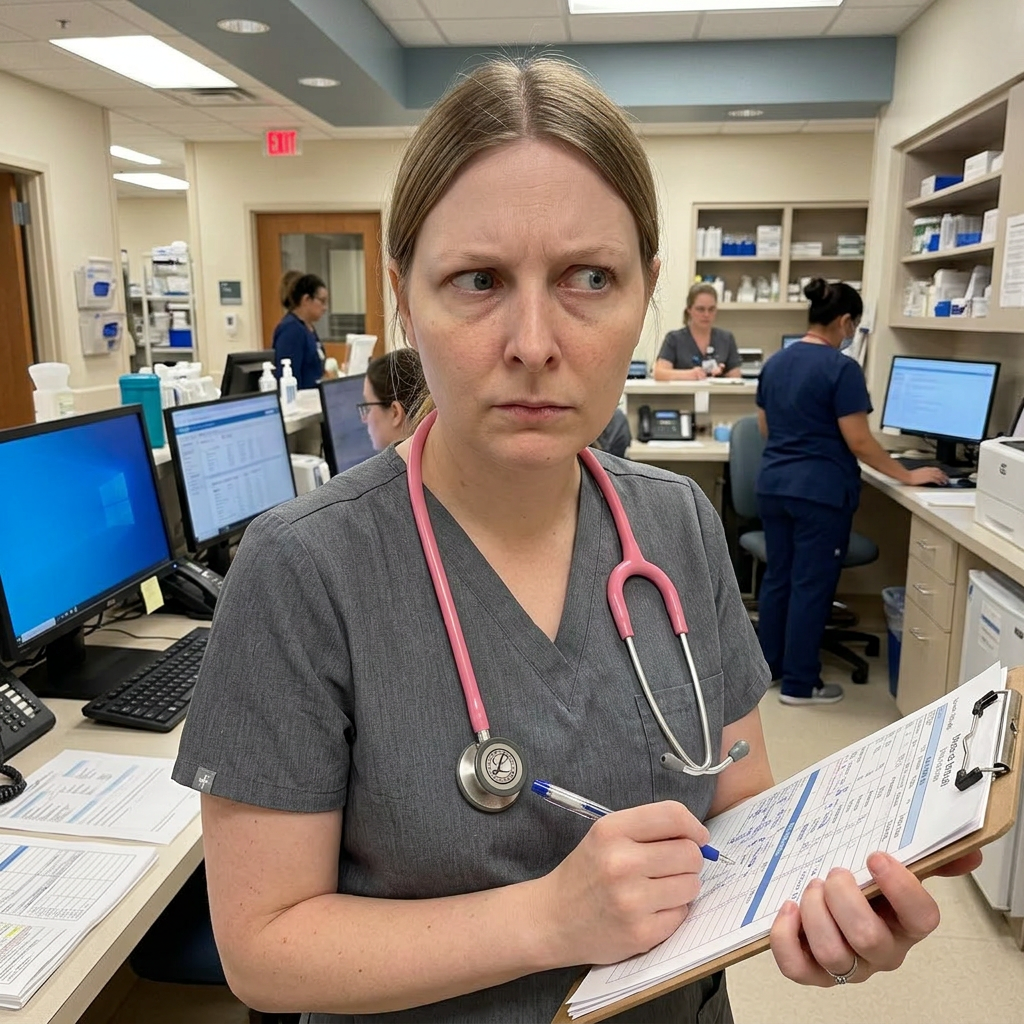 Emily in scrubs side-eyeing the camera while holding a clipboard