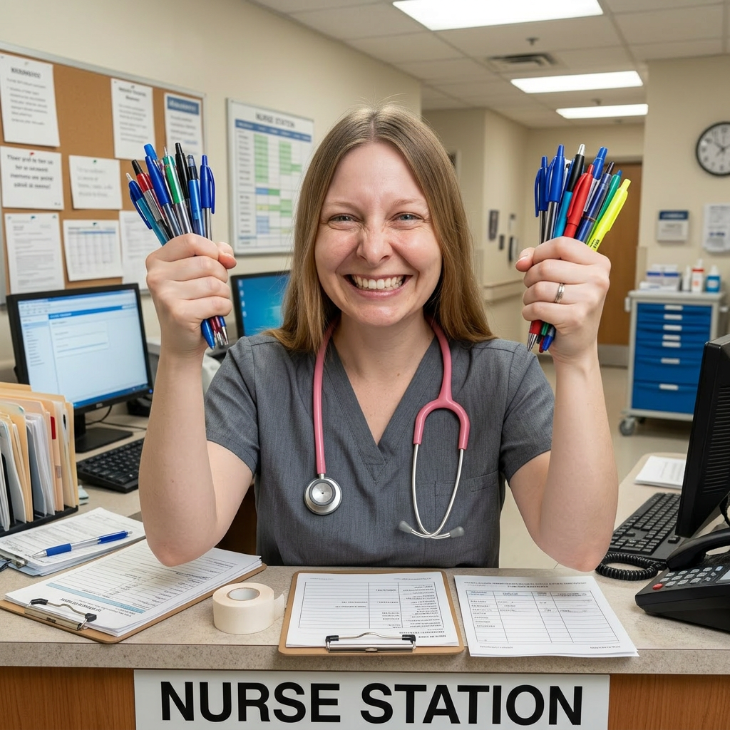 Emily in scrubs proudly holding many pens at the nurse station