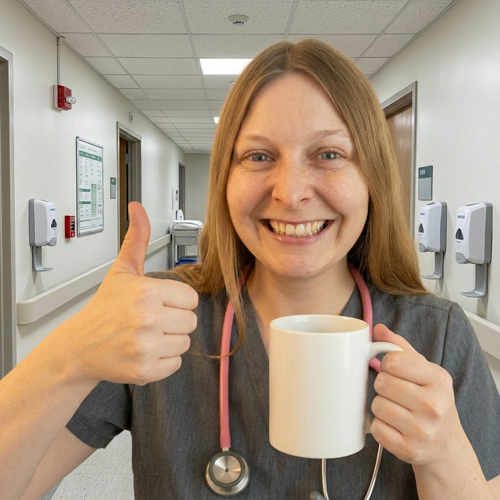 Emily in scrubs smiling and giving a thumbs up with coffee