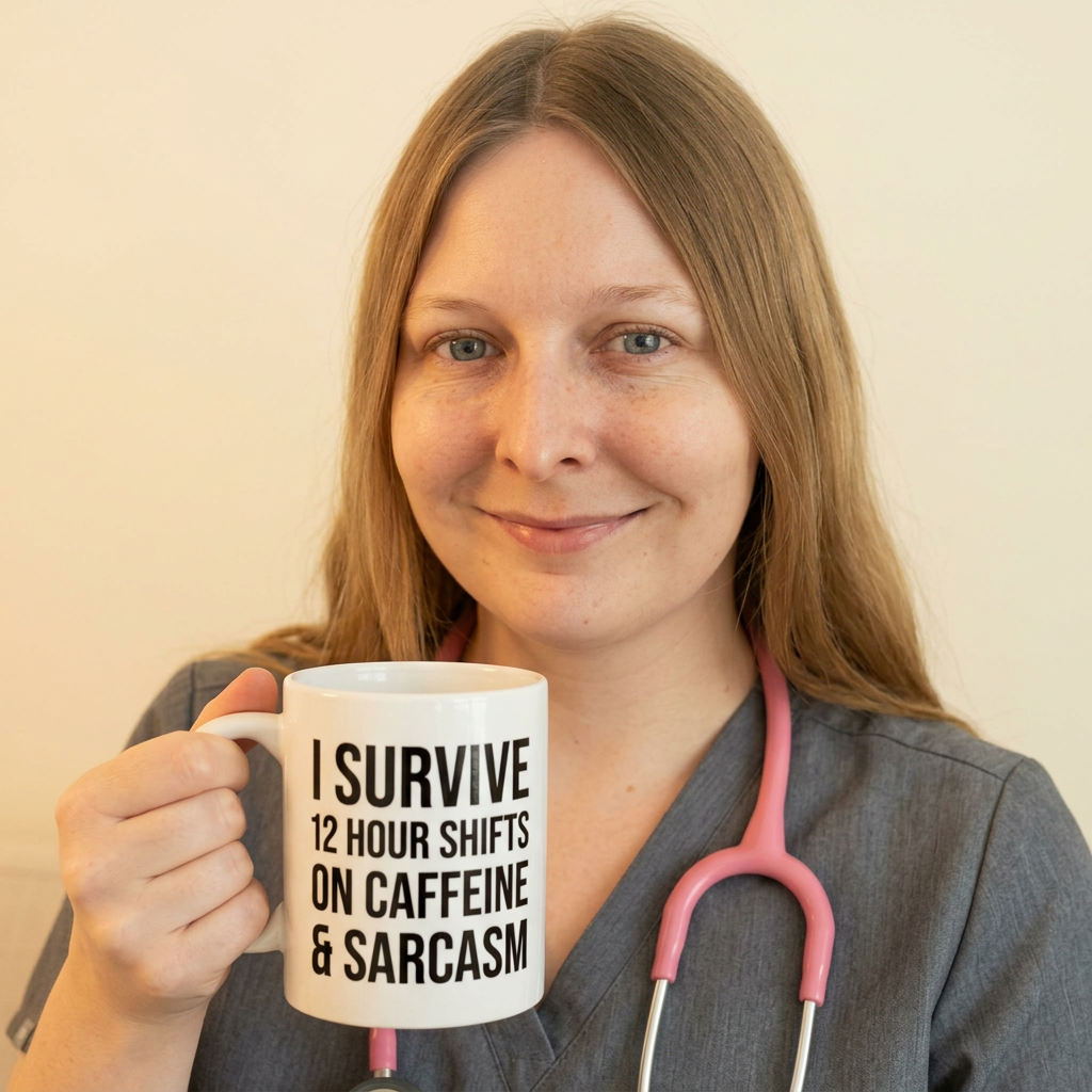 Nurse Emily in scrubs smiling with her sarcasm coffee mug