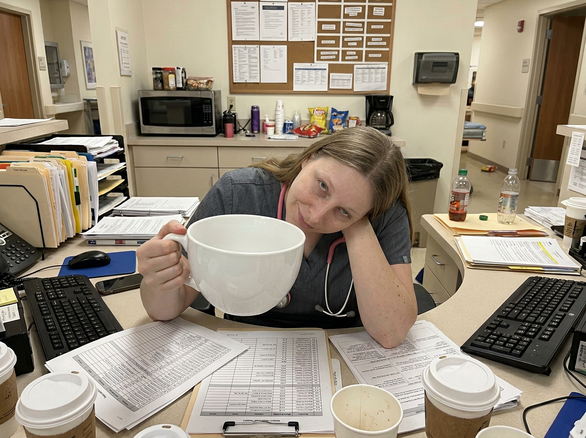 Emily slumped at a nurse's station with a giant coffee mug surrounded by paperwork