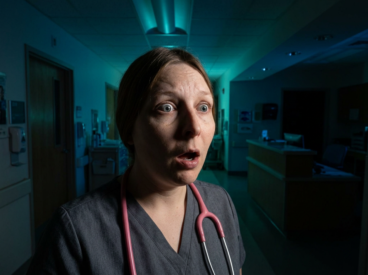 Emily wide-eyed in a dimly lit hospital corridor